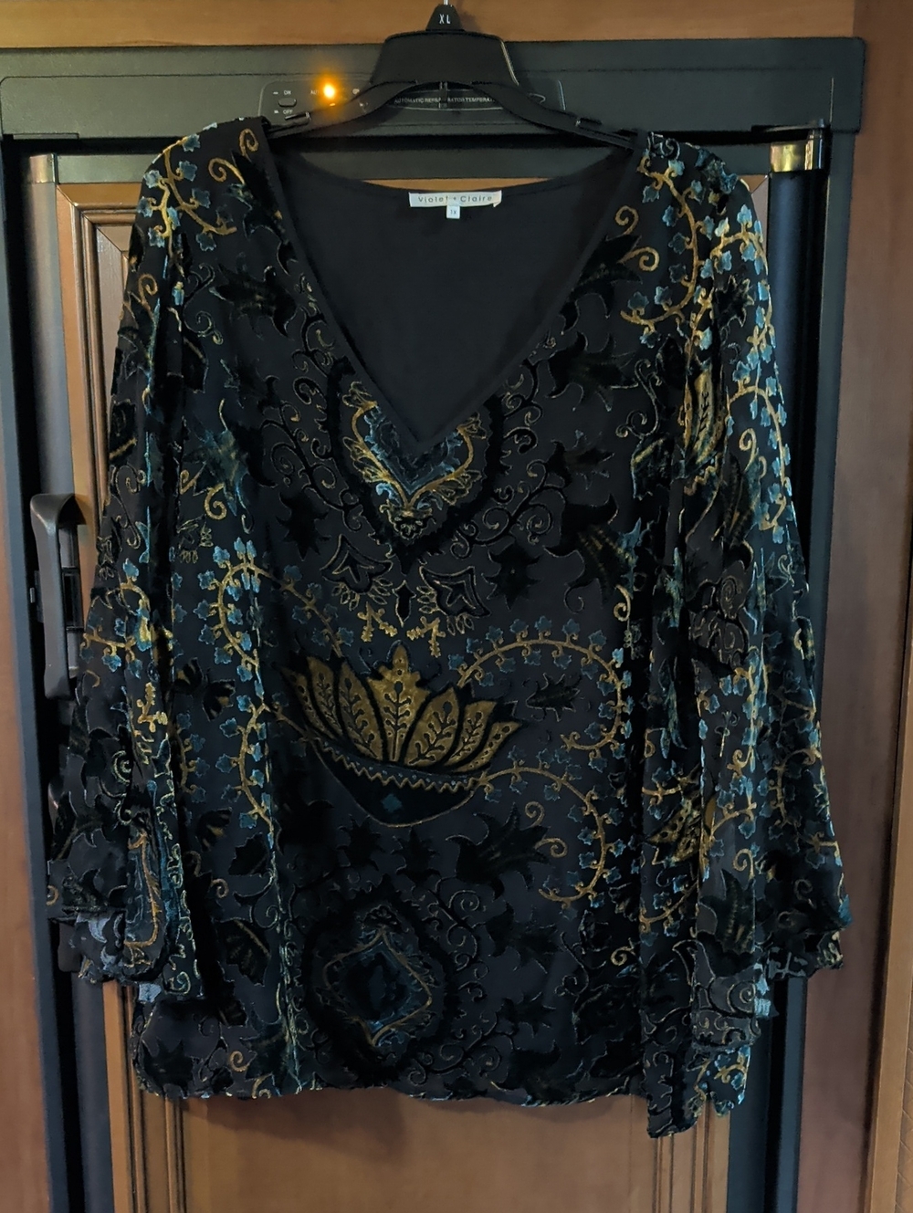 Violet & Claire Black Velvet Burnout Blouse Floral Motif Whimsy Goth